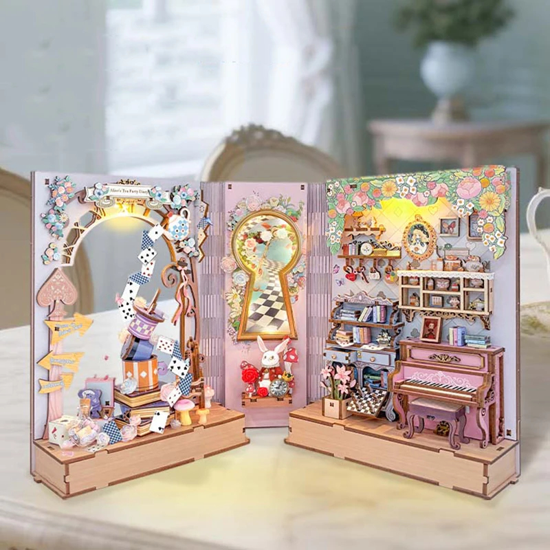 Diy Wooden Book Nook Kit Shelf Insert - Kit Model Miniatur DIY, Rak Buku